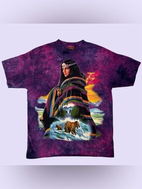 Vintage 90s The Mountain Leather Tag  Native Tee Meiklejohn Purple Tie Dye Large